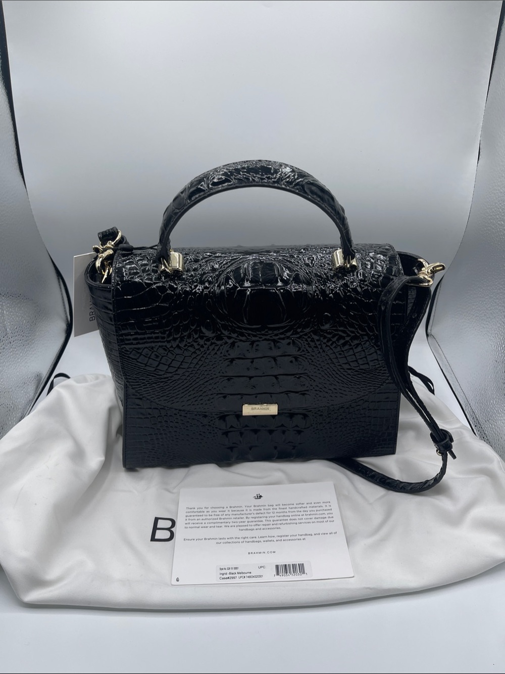 Brahmin Black Croc-Embossed Top-Handle Satchel with Gold Hardware